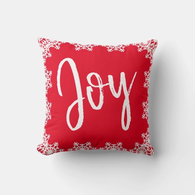 Christmas Joy Family Red White Script Snowflakes Cushion (Front)