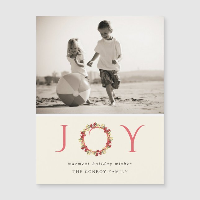 Christmas Joy Floral Wreath Classy Modern Photo (Front)