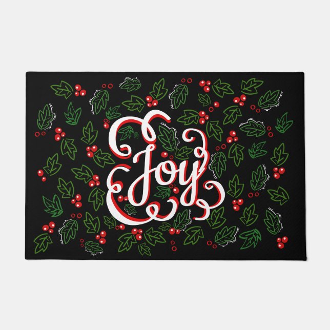 Christmas Joy Flourishes Holly Berries & Leaves Doormat (Front)