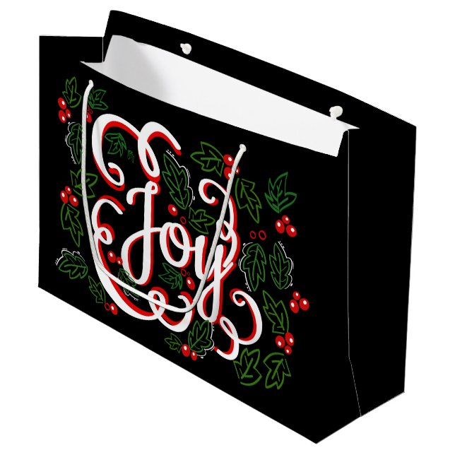 Christmas Joy Flourishes Holly Berries & Leaves Large Gift Bag (Front Angled)