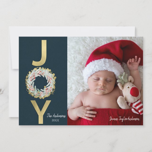 CHRISTMAS JOY Gold Foil Modern Two Sided Photo Holiday Card (Front)