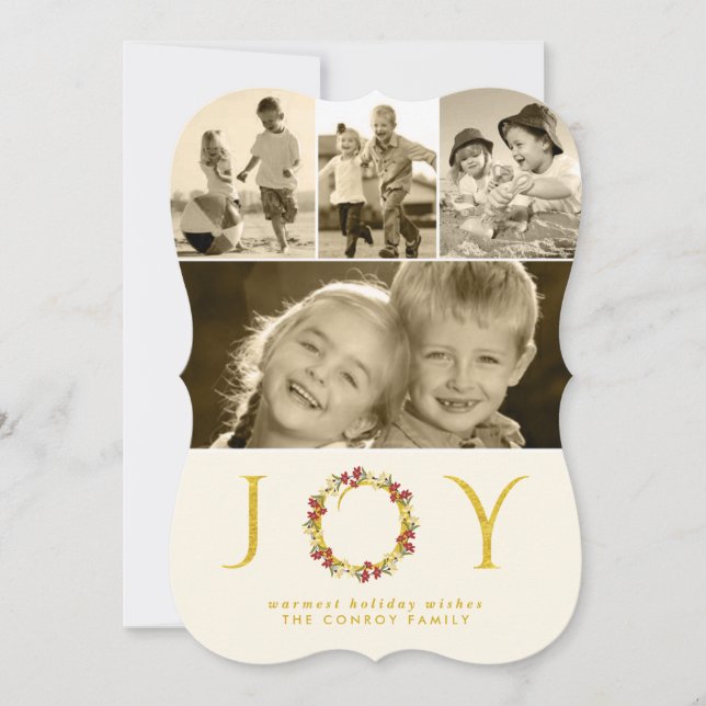 Christmas Joy Gold Glitter Floral Wreath Die-Cut Holiday Card (Front)