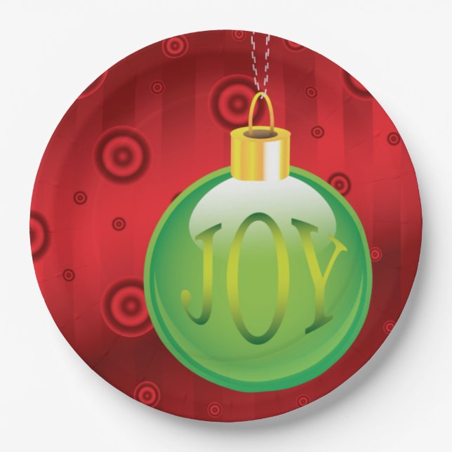 Christmas Joy Green Ornament Holiday Red Xmas Paper Plate (Front)