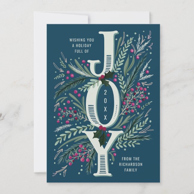 Christmas Joy Hand Drawn Foliage in Navy Blue Holiday Card (Front)