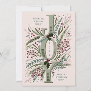 Christmas Joy Hand Drawn Foliage on Dusty Pink Holiday Card