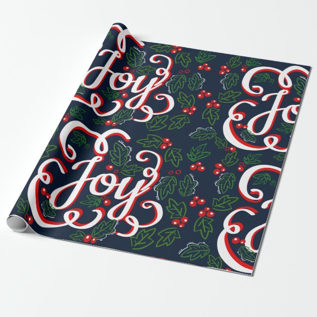 Christmas Joy Holly Berries & Dark Navy Blue Wrapping Paper (Unrolled)