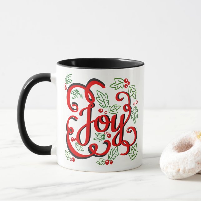 Christmas Joy Holly Berries & Leaves Mug (With Donut)