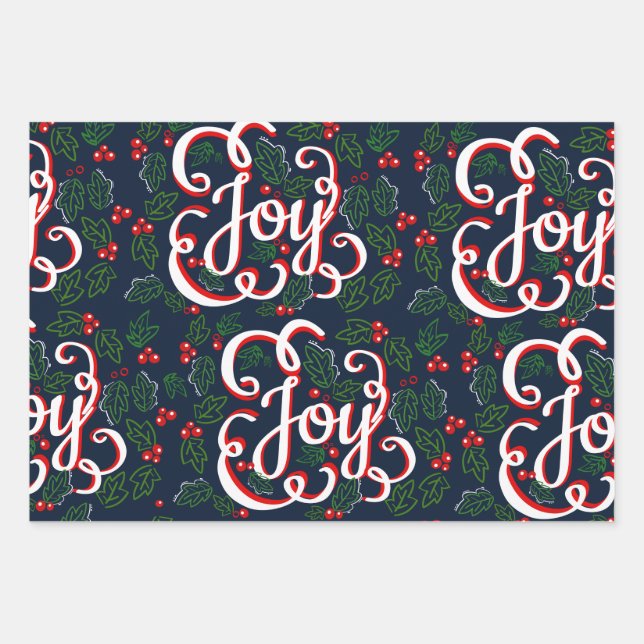 Christmas Joy & Holly Berries Navy Blue Wrapping Paper Sheet (Front)