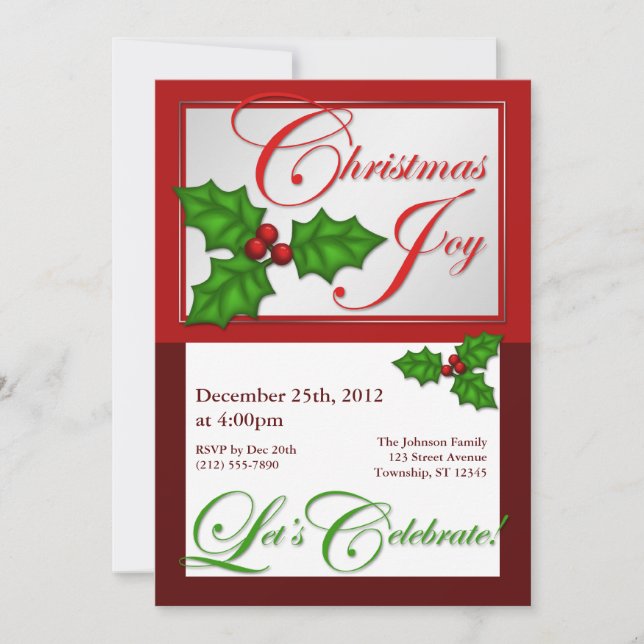 Christmas Joy, Let's Celebrate - Holly Invitations (Front)