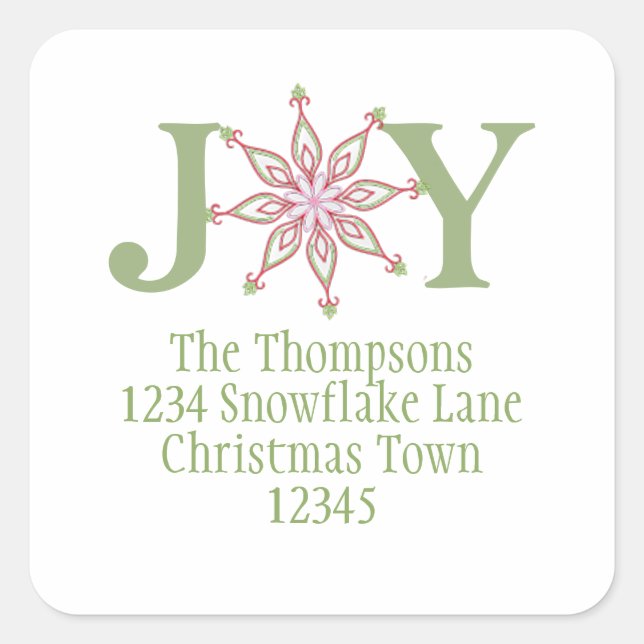 Christmas Joy Modern Snowflake Return Address Square Sticker (Front)