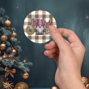 Christmas Joy Nordic Gnome Plaid Girly  Classic Round Sticker