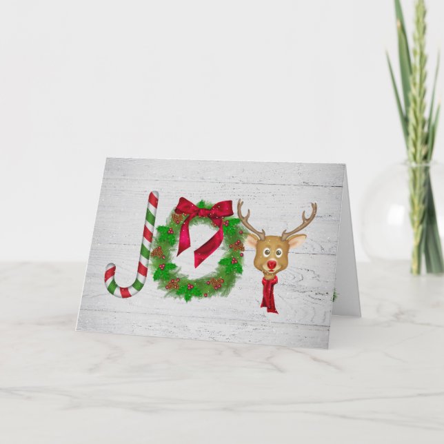 Christmas Joy on grey rustic wood with snowflakes Card (Front)