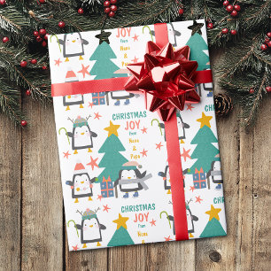 Christmas Joy Penguins and Holiday Tree Wrapping Paper