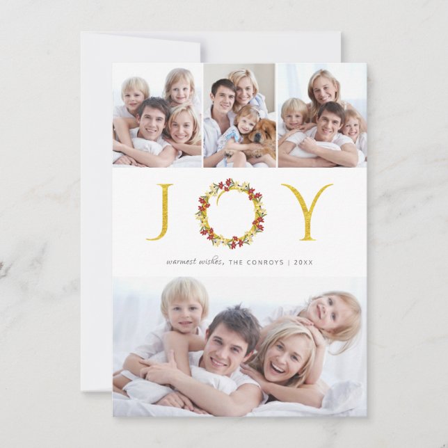 Christmas Joy Photo Collage Gold Faux Foil Holiday Card (Front)