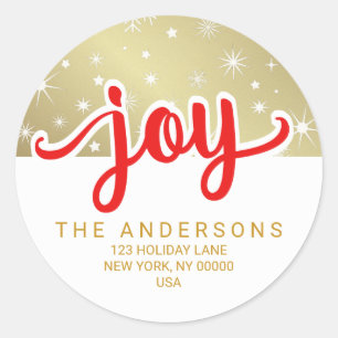 Christmas Joy Red and Gold Handwritten Address Classic Round Sticker