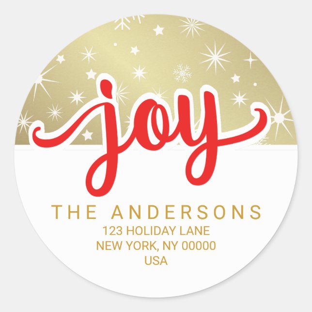 Christmas Joy Red and Gold Handwritten Address Classic Round Sticker (Front)