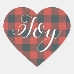 Christmas Joy Red Black Gingham Buffalo Plaid Heart Sticker