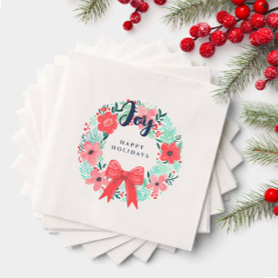 Christmas Joy Red Bow Floral Wreath Holiday Napkin