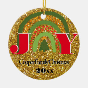 Christmas Joy red gold green rainbow personalise Ceramic Tree Decoration