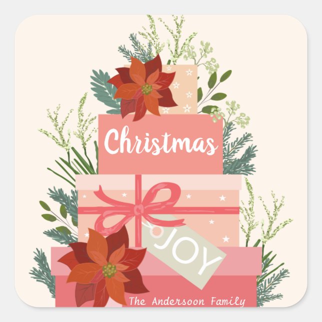 Christmas Joy Red Poinsettias personalise Square Sticker (Front)