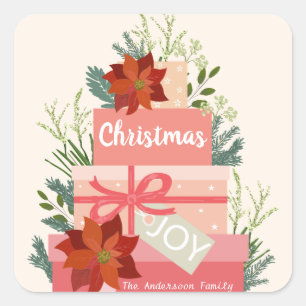 Christmas Joy Red Poinsettias personalise Square Sticker