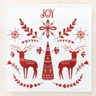 Christmas Joy Red Scandinavian Folk Art Reindeer Glass Coaster