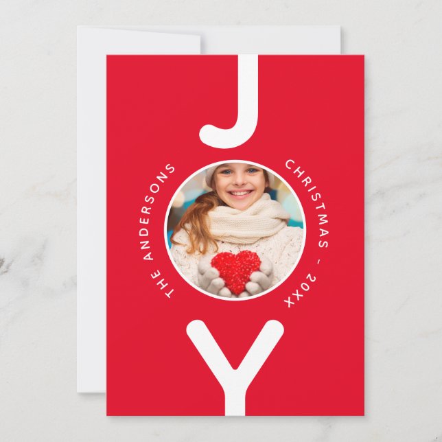 Christmas joy red white simple photo card (Front)