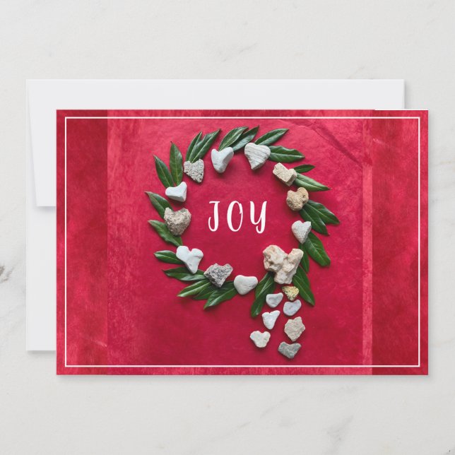 Christmas Joy Red/White Wreath Flat Holiday Card (Front)