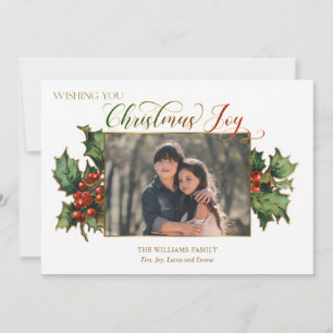 Christmas Joy Script with Holly & Photo Holiday Card