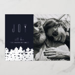 Christmas Joy. Silver navy blue winter woodland Foil Holiday Card<br><div class="desc">"Joy" Silver woodland Christmas photo card in blue navy colour for winter holiday.</div>