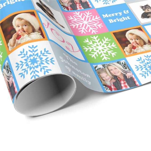 Christmas Joy Snowflake Pastels Add Family Photos Wrapping Paper (Roll Corner)