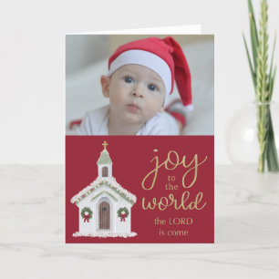 Christmas Joy to the World White Church Photo  Holiday Card