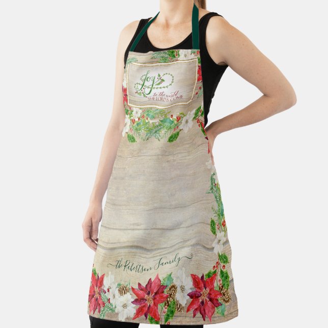 Christmas Joy to World Burgundy Poinsettia Floral Apron (Insitu)