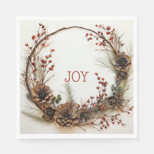 Christmas Joy Twig Wreath Pine Cones Red Berries   Napkin