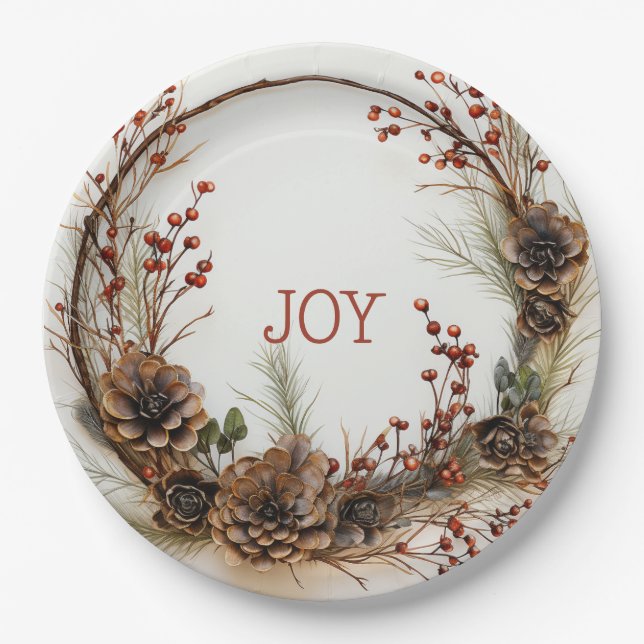 Christmas Joy Twig Wreath Pine Cones Red Berries   Paper Plate (Front)