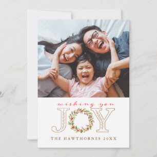 Christmas Joy Watercolor Wreath Photo Card