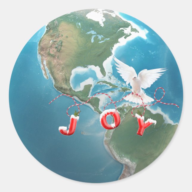 Christmas JOY White Dove on Globe Classic Round Sticker (Front)