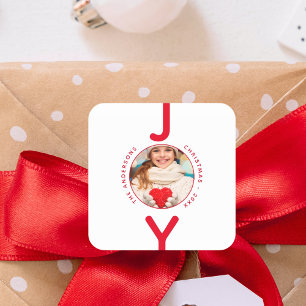 Christmas joy white red photo square sticker