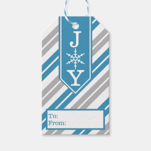 Christmas Joy White Snowflake Blue & Grey Stripes Gift Tags