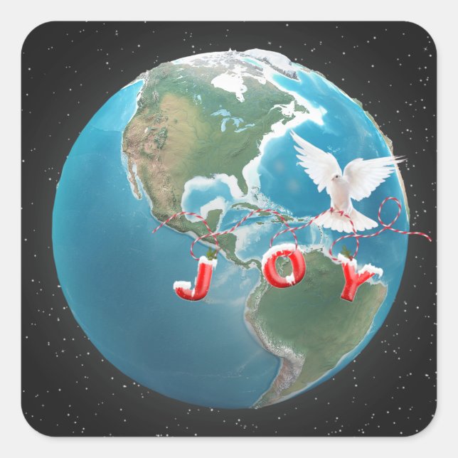 Christmas JOY with White Dove on Globe Square Sticker (Front)