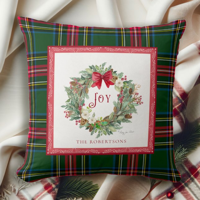 Christmas Joy Wreath Bow Watercolor Tartan Plaid Cushion (Creator Uploaded)