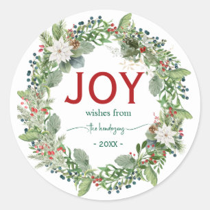 Christmas Joy Wreath Name Handwritten Script Red Classic Round Sticker