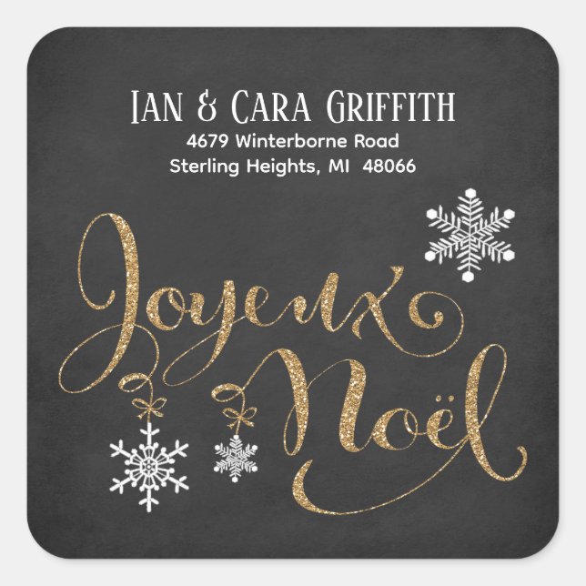 Christmas Joyeux Noel Gold Glitter Return Address Square Sticker (Front)