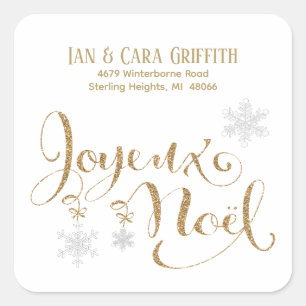 Christmas Joyeux Noel Gold Glitter Return Address Square Sticker