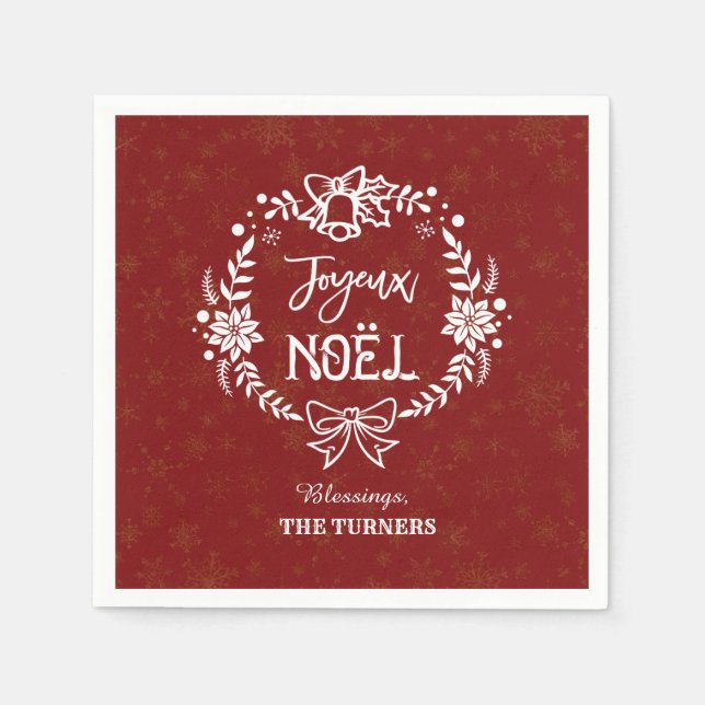 Christmas Joyeux Noel Gold Snowflakes Monogram Napkin (Front)
