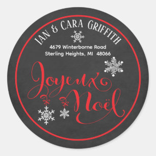 Christmas Joyeux Noel Snowflake Red Return Address Classic Round Sticker