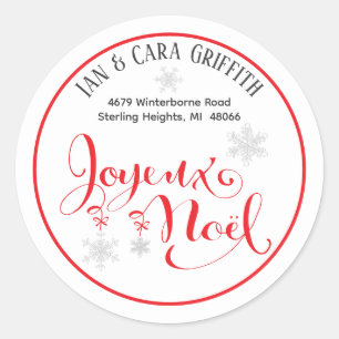 Christmas Joyeux Noel Snowflake Red Return Address Classic Round Sticker