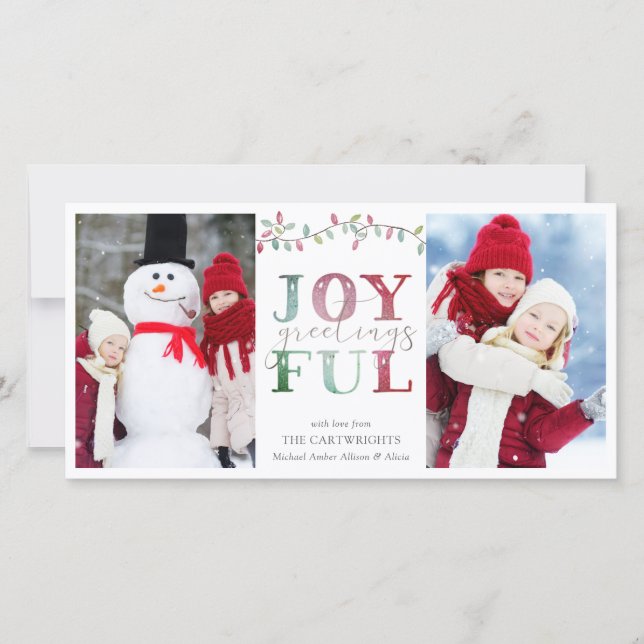 Christmas JOYFUL GREETINGS 2 Photos Lights Holiday Card (Front)