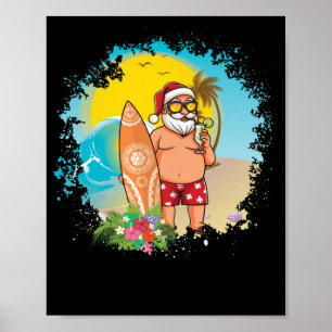 Christmas July Santa Hawaiian Summer Surf Surfer Poster