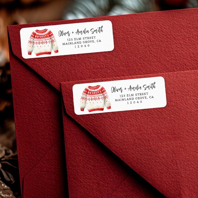 Christmas Jumper Return Label (Warm wishes & cozy vibes 🎄 Personalize your mail with this festive red sweater label.)